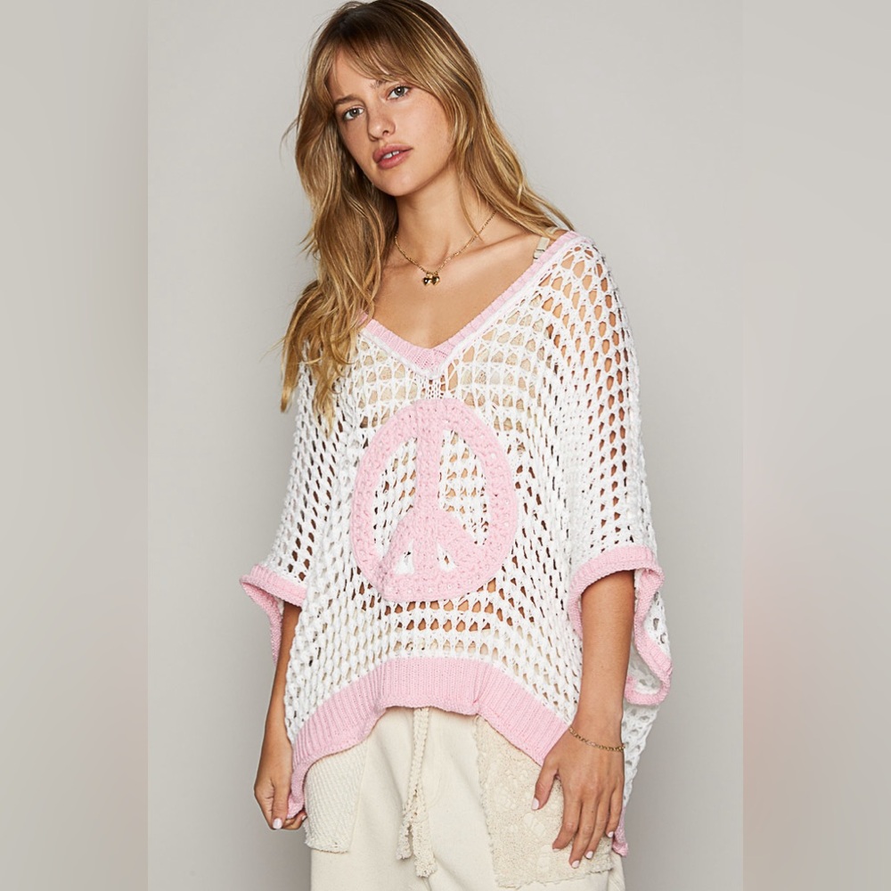 Open Crochet Oversized Peace Sign Sweater - POL